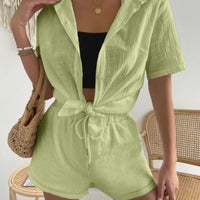 Button Up Short Sleeve Shirt and Drawstring Shorts Set