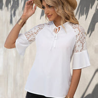 Lace Detail Tie Neck Half Sleeve Blouse