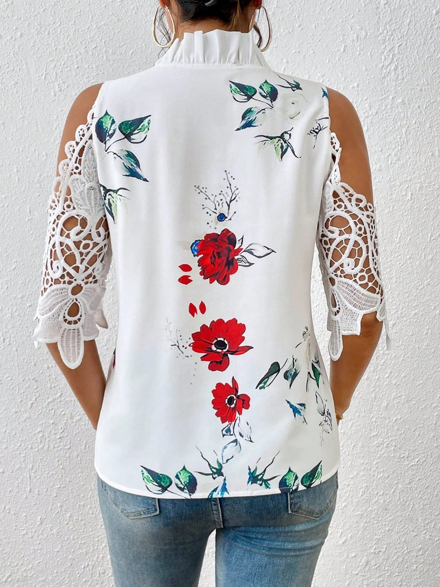 Full Size Lace Printed Half Sleeve Blouse