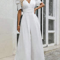 V-Neck Short Sleeve Wide Leg Jumpsuit