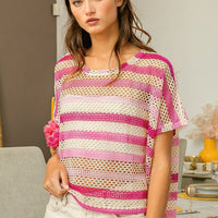 BiBi Striped Openwork Short Sleeve Knit Cover Up