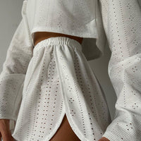 Eyelet Round Neck Top and Shorts Set