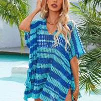 Tassel Openwork Striped V-Neck Cover Up