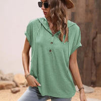 Half Button Hooded Short Sleeve Blouse