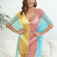 Fringe Color Block Scoop Neck Cover Up