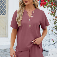 Notched Button Detail Dropped Shoulder Top and Shorts Set