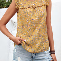 Ruffled Printed Round Neck Cap Sleeve Blouse