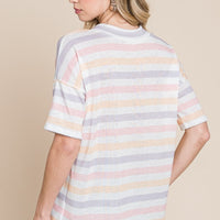 BOMBOM Striped V-Neck Short Sleeve T-Shirt