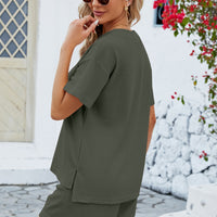 Notched Button Detail Dropped Shoulder Top and Shorts Set