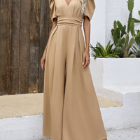 V-Neck Short Sleeve Wide Leg Jumpsuit