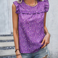 Ruffled Printed Round Neck Cap Sleeve Blouse