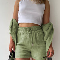 Texture Button Up Shirt and Drawstring Shorts Set