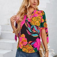 Tied Printed Notched Short Sleeve Blouse