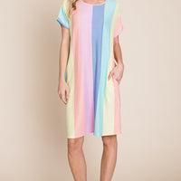 BOMBOM Striped Short Sleeve Dress with Pockets