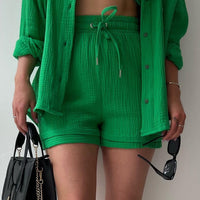 Texture Button Up Shirt and Drawstring Shorts Set