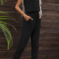 Drawstring Waist One-Shoulder Jumpsuit with Pockets