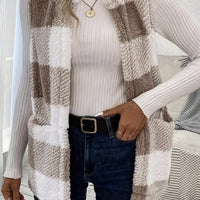 Sherpa Plaid Open Front Vest Coat