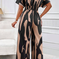 Printed V-Neck Short Sleeve Wide Leg Jumpsuit