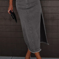 Raw Hem Slit Pocketed Midi Denim Skirt