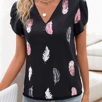 Printed V-Neck Short Sleeve Blouse