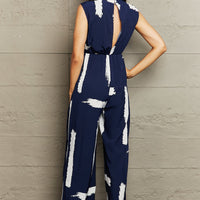 Printed Round Neck Cutout Jumpsuit with Pockets