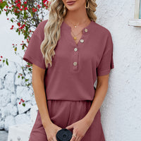 Notched Button Detail Dropped Shoulder Top and Shorts Set