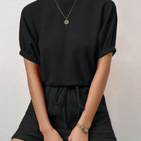 Waffle-Knit Round Neck T-Shirt and Pocketed Shorts Lounge Set