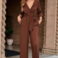 Pocketed Button Up Tie-Waist Jumpsuit