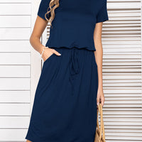 Round Neck Short Sleeve Slit Dress with Pockets