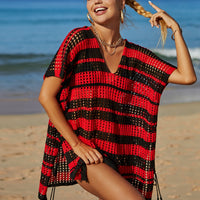 Tassel Openwork Striped V-Neck Cover Up