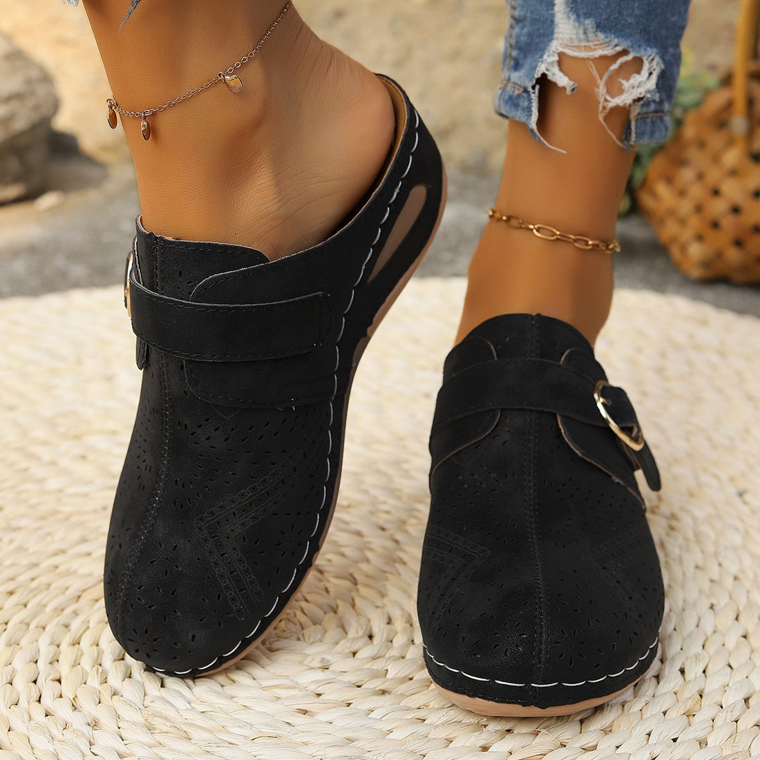 Suede Round Toe Wedge Slides