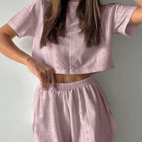 Eyelet Round Neck Top and Shorts Set