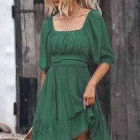 Tie-Back Ruffled Hem Square Neck Mini Dress