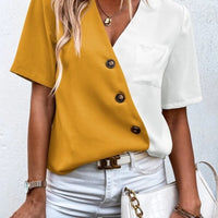 Decorative Button Surplice Short Sleeve Blouse