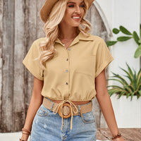 Drawstring Pocketed Collared Neck Short Sleeve Shirt