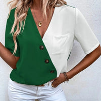 Decorative Button Surplice Short Sleeve Blouse