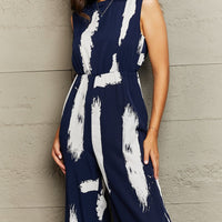 Printed Round Neck Cutout Jumpsuit with Pockets