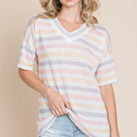 BOMBOM Striped V-Neck Short Sleeve T-Shirt