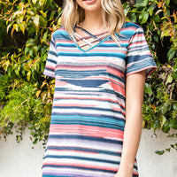 Crisscross Striped V-Neck Short Sleeve T-Shirt