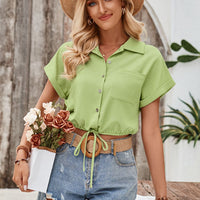 Drawstring Pocketed Collared Neck Short Sleeve Shirt