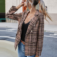 Full Size Plaid Lapel Collar Blazer