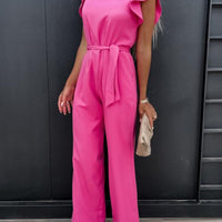 Ruffled Round Neck Cap Sleeve Jumpsuit