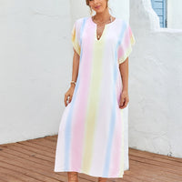 Slit Striped Notched Short Sleeve Cover Up