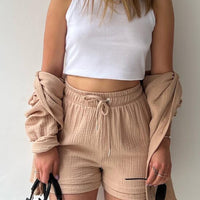 Texture Button Up Shirt and Drawstring Shorts Set