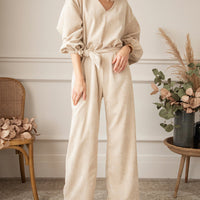 V-Neck Tie Waist Wide Leg Jumpsuit