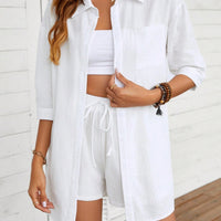 Dropped Shoulder Button Up Shirt and Shorts Set