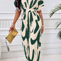 Printed V-Neck Short Sleeve Wide Leg Jumpsuit