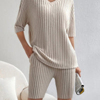 Ribbed V-Neck Top and Shorts Set