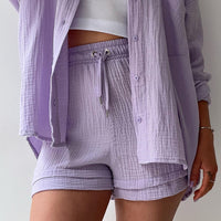 Texture Button Up Shirt and Drawstring Shorts Set