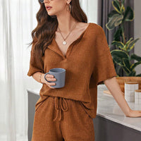 Full Size Waffle-Knit Dropped Shoulder Top and Shorts Set